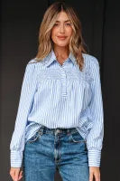Blue Stripe Shirred Long Sleeve Top
