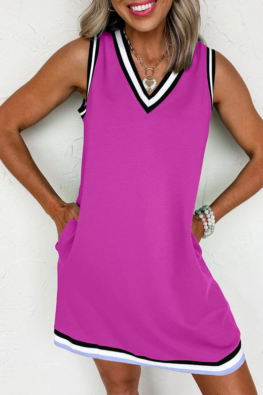 Orchid Color Contrast Trim V Neck Shift Sleeveless Mini Dress