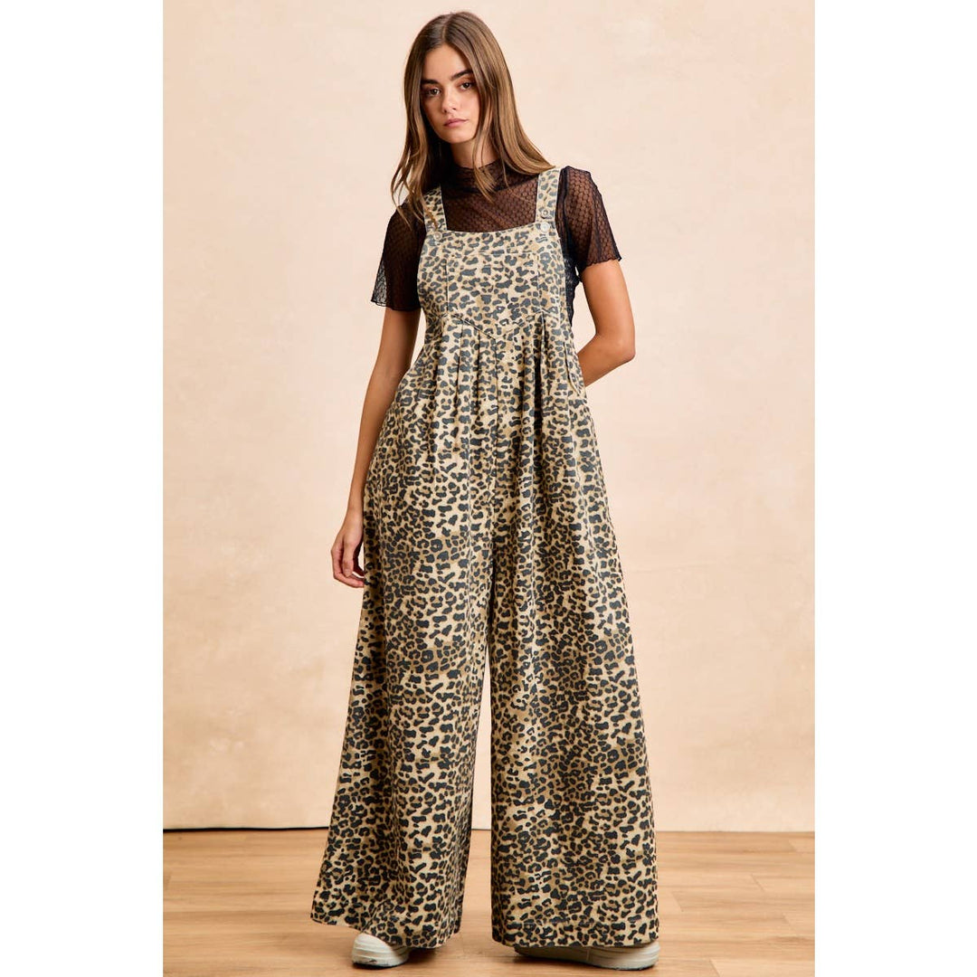 COTTON TWILL LEOPARD PRINT WIDE LEG OVERALLS