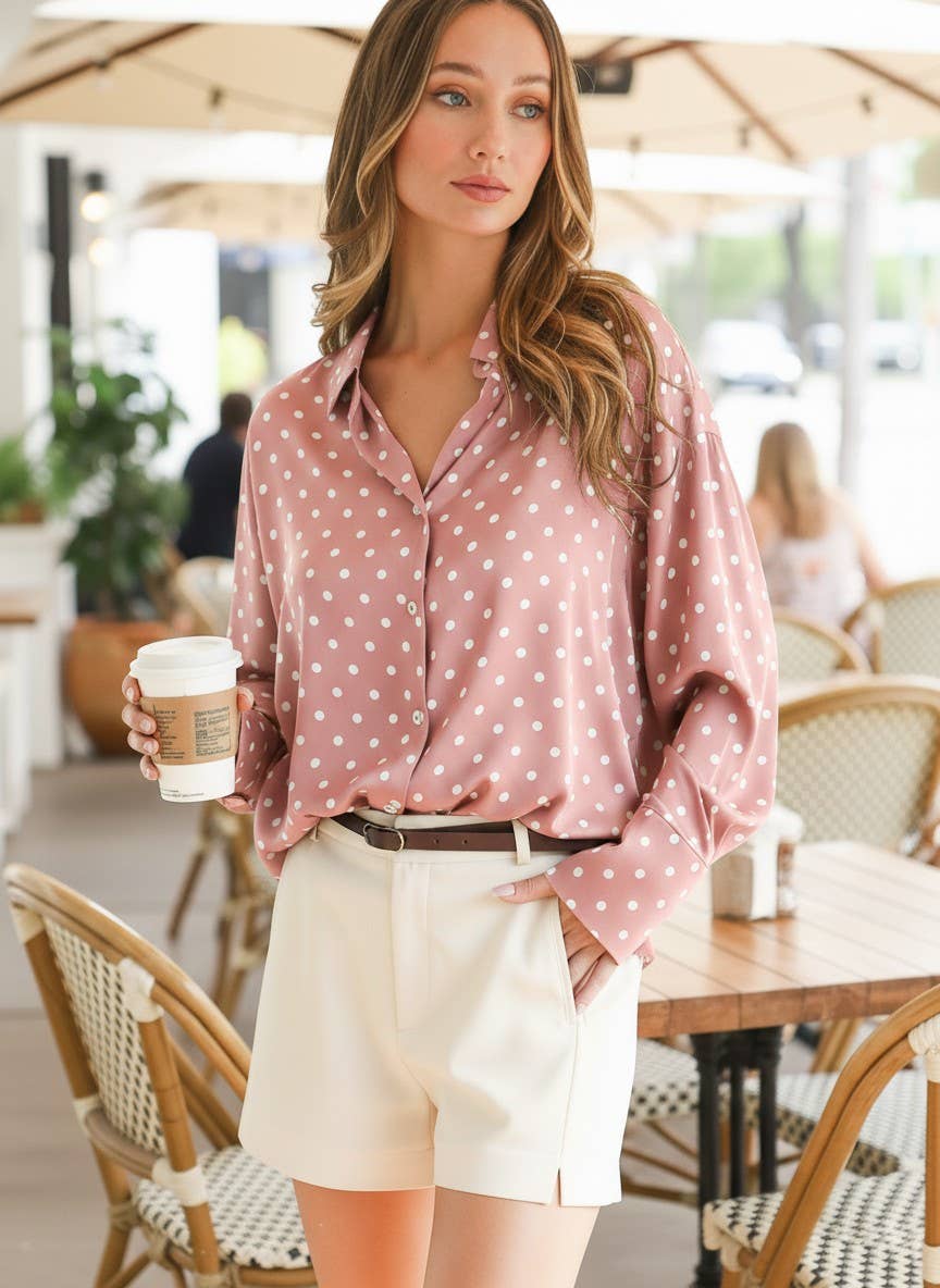 Polka Dot Collared Long-Sleeve Satin Blouse Top
