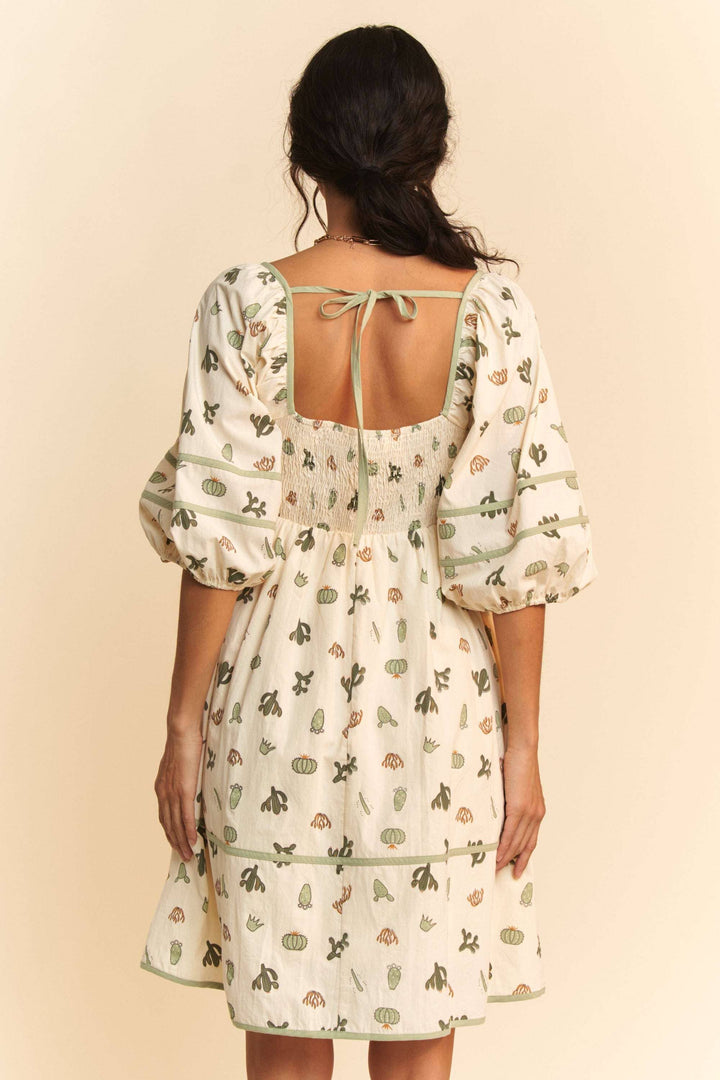CACTUS PRINTED POPLIN CONTRAST PIPING MINI DRESS
