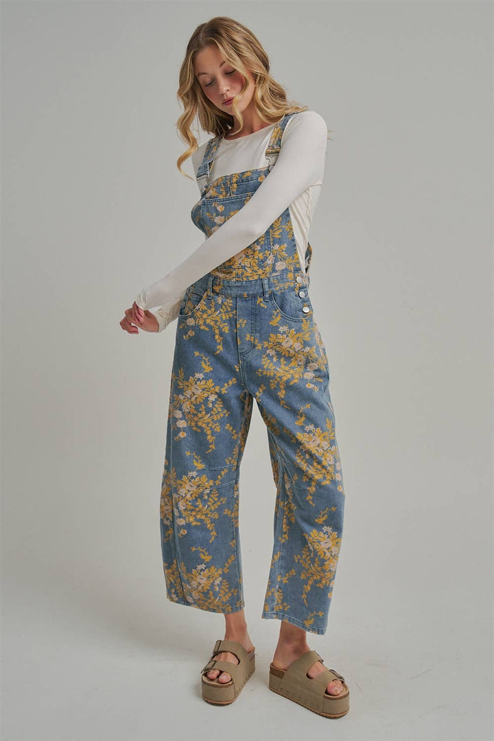 FLORAL PRINT DENIM OVERALL JUMPSUIT