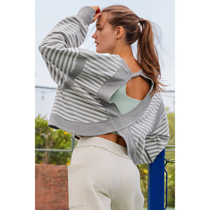 STRIPED TERRY OPEN BACK LONG SLEEVE TOP