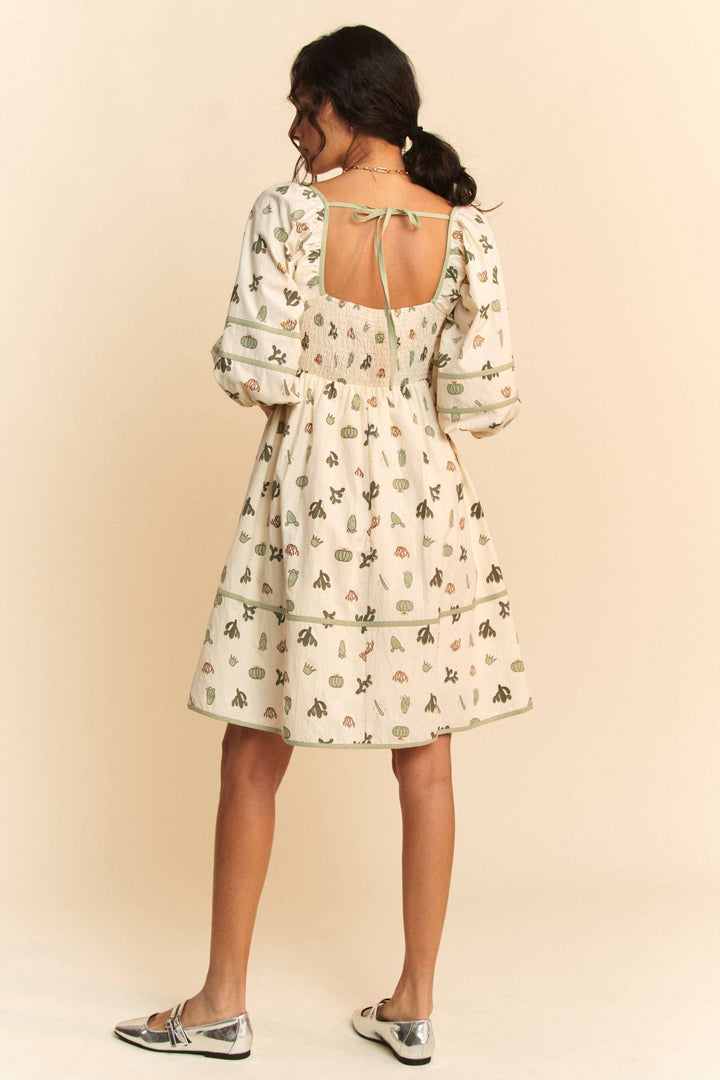 CACTUS PRINTED POPLIN CONTRAST PIPING MINI DRESS
