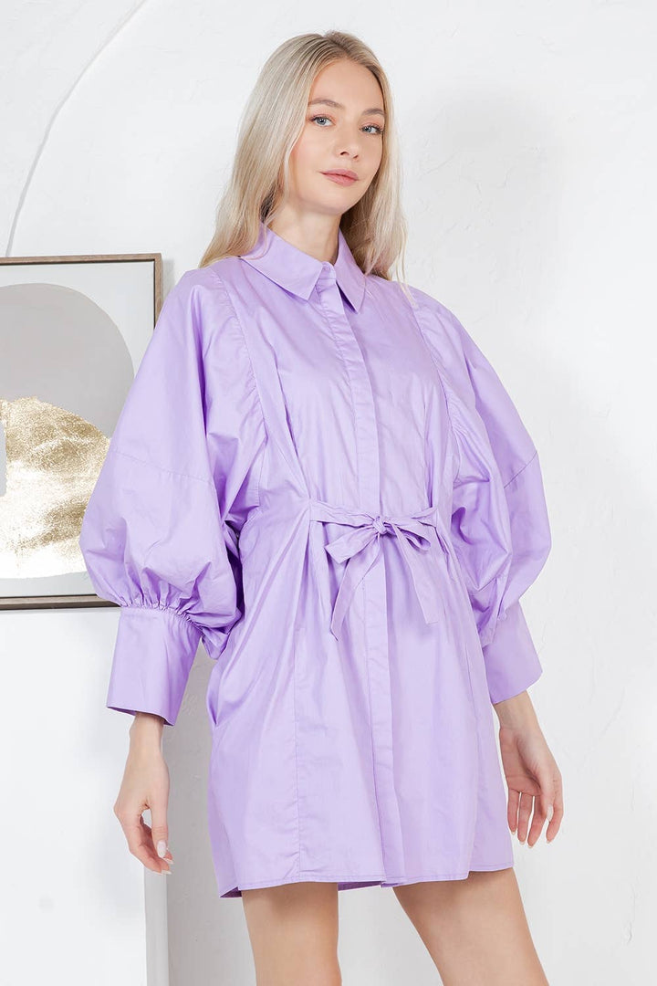 Balloon Sleeve Tie-Waist Mini Shirt Dress  PINK
