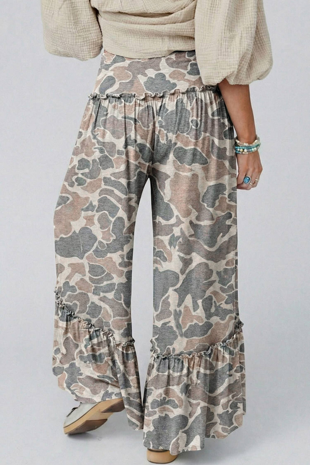 Camo Print Wide Leg Casual Pants