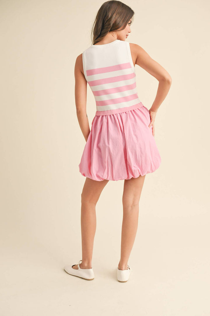 NAVY STRIPE BUBBLE HEM MINI DRESS
