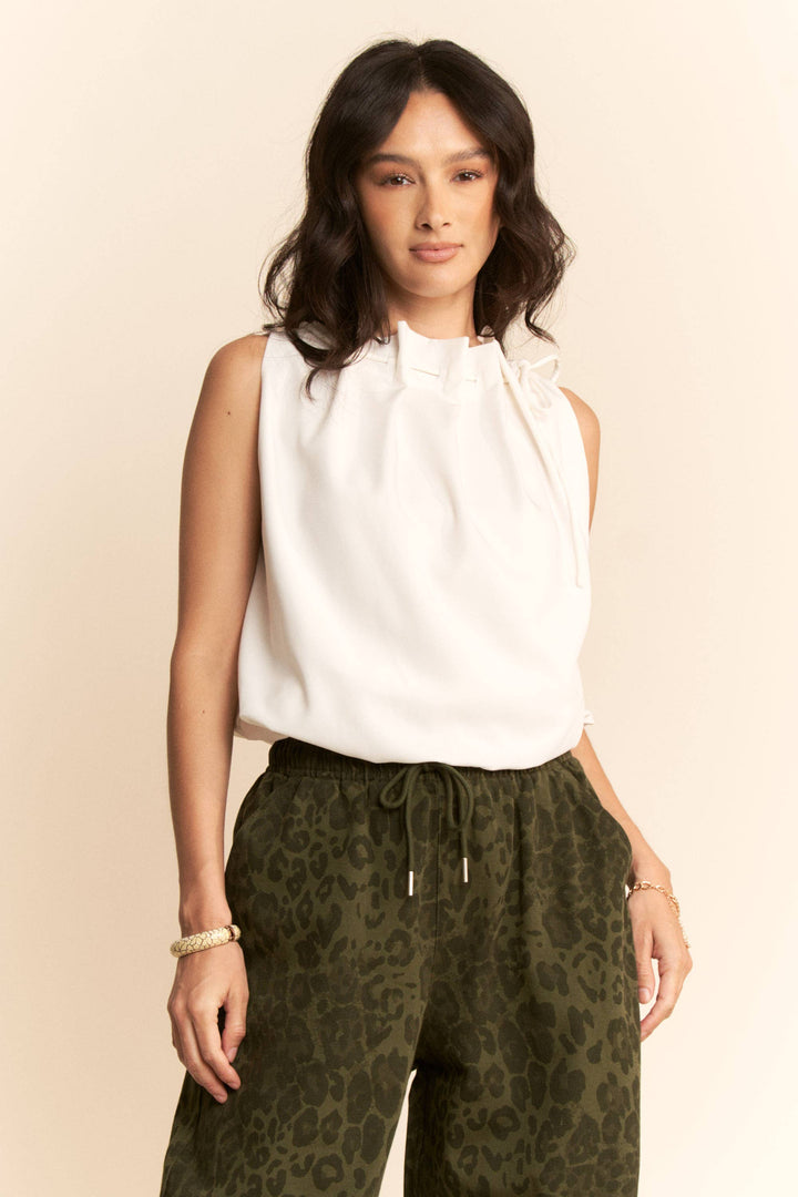 WHITE SOLID SLEEVELESS COWL NECK TIE DETAIL TOP