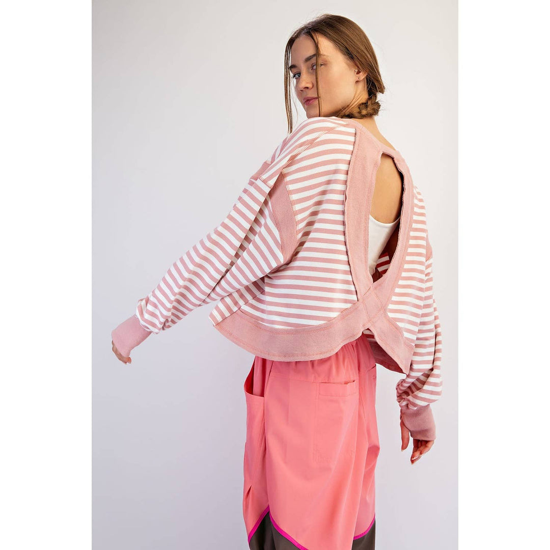 STRIPED TERRY OPEN BACK LONG SLEEVE TOP