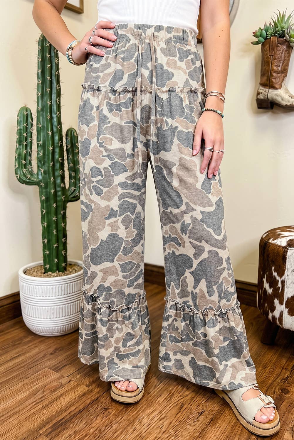Camo Print Wide Leg Casual Pants
