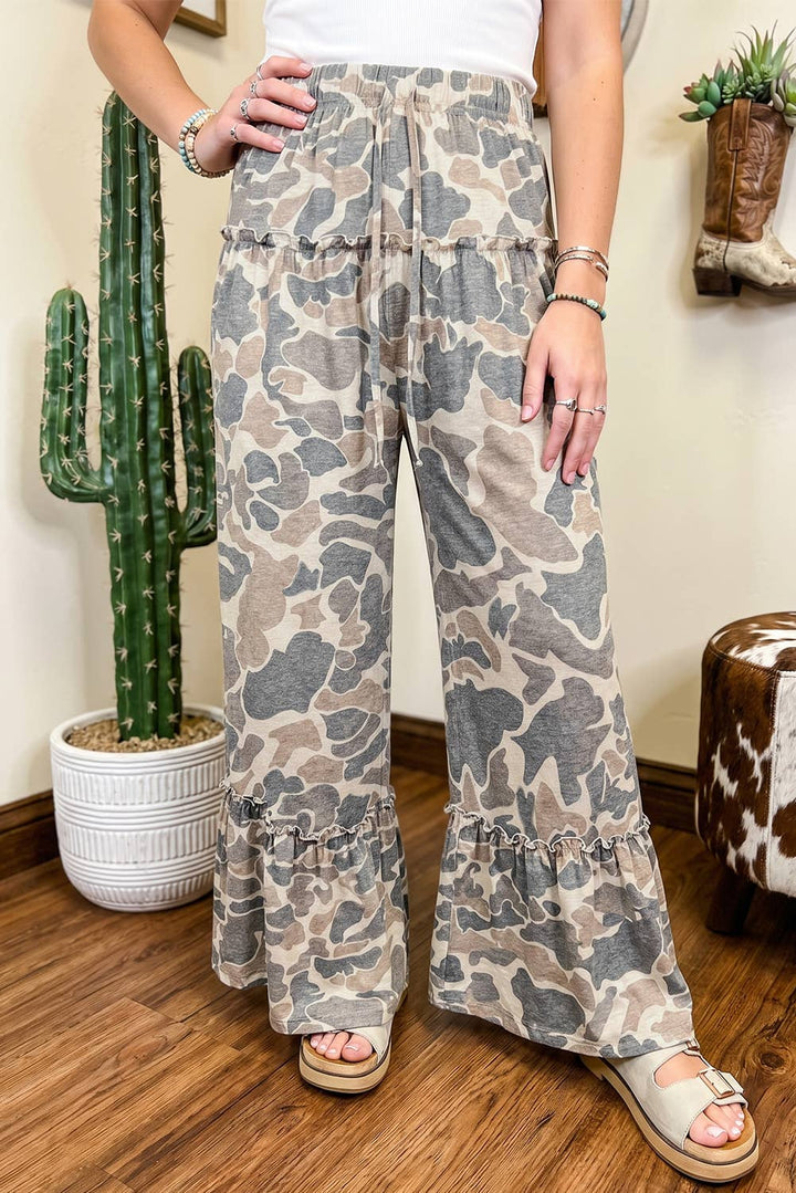 Camo Print Wide Leg Casual Pants