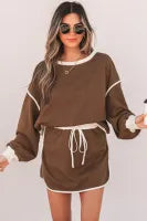 Pullover and Lace-up Waist Skort Set - Brown