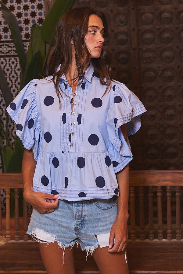 Ruffle Sleeves Pintuck Detail Polka Dot Print top up