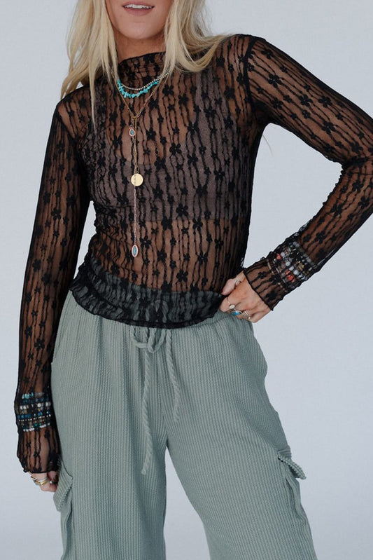 Black Sheer Floral Lace Long Sleeve Mesh