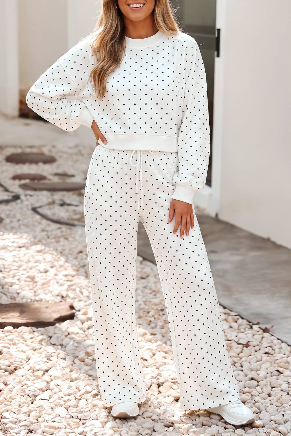 Polka Dot Drawstring Wide Leg Pants Set