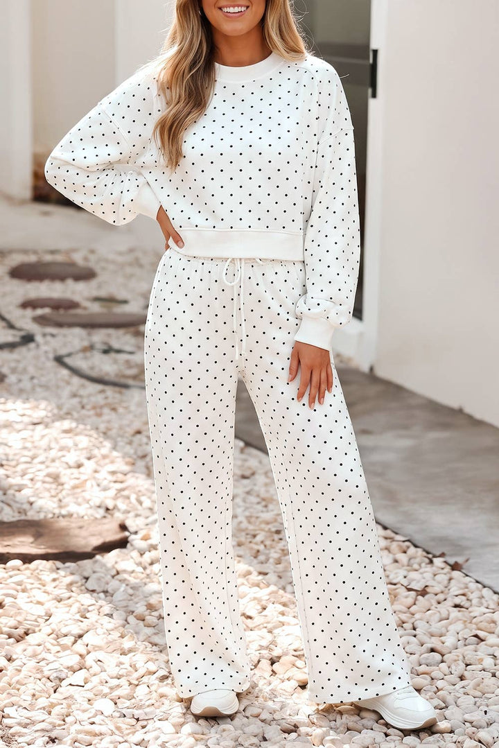 Polka Dot Drawstring Wide Leg Pants Set