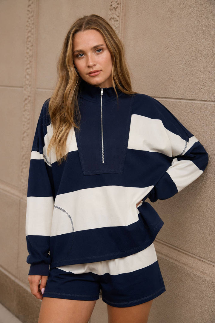 WIDE STRIPE HALF ZIP LONG SLEEVE KNIT SET