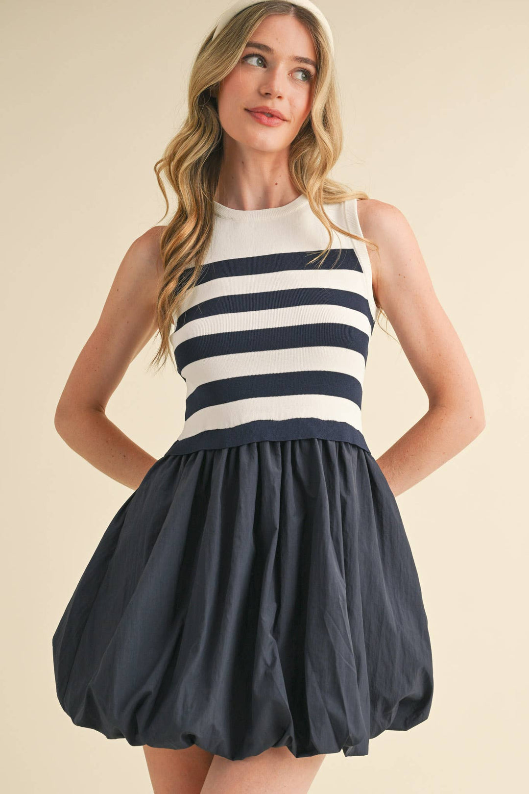 NAVY STRIPE BUBBLE HEM MINI DRESS