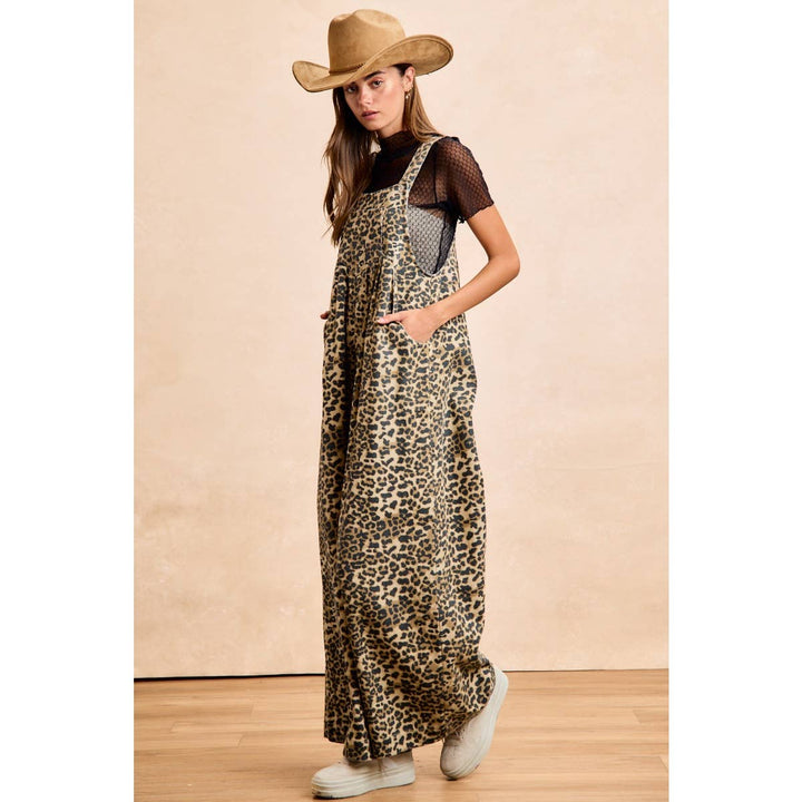 COTTON TWILL LEOPARD PRINT WIDE LEG OVERALLS