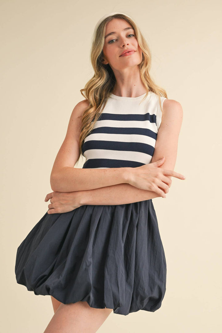 NAVY STRIPE BUBBLE HEM MINI DRESS