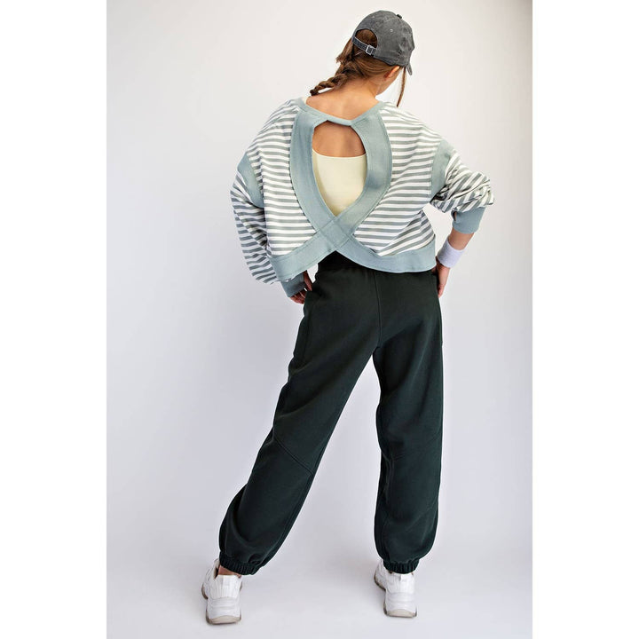 STRIPED TERRY OPEN BACK LONG SLEEVE TOP