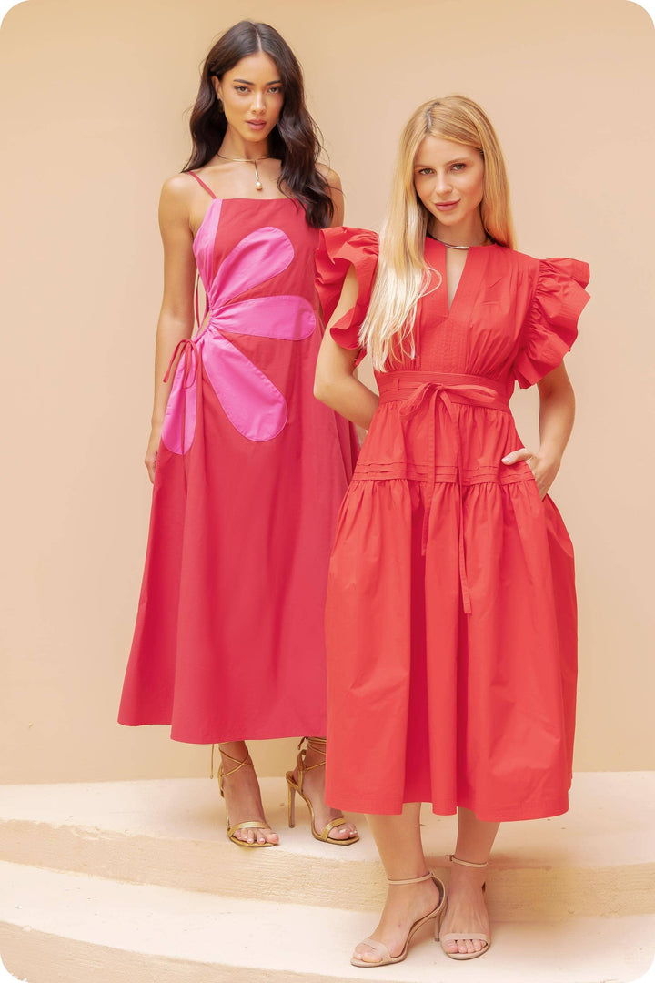 Chambray Flutter Sleeve Poplin Midi Dress