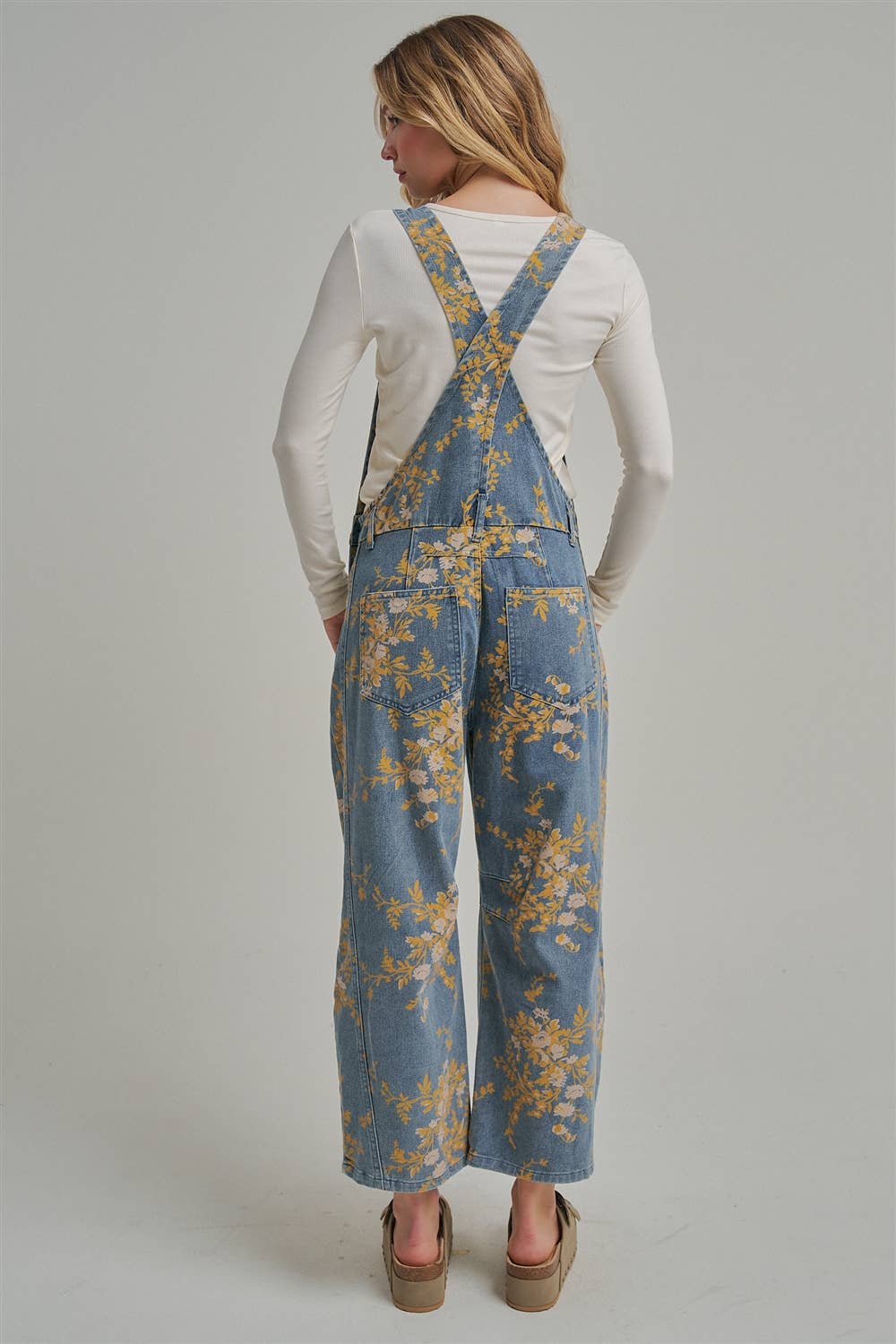 FLORAL PRINT DENIM OVERALL JUMPSUIT