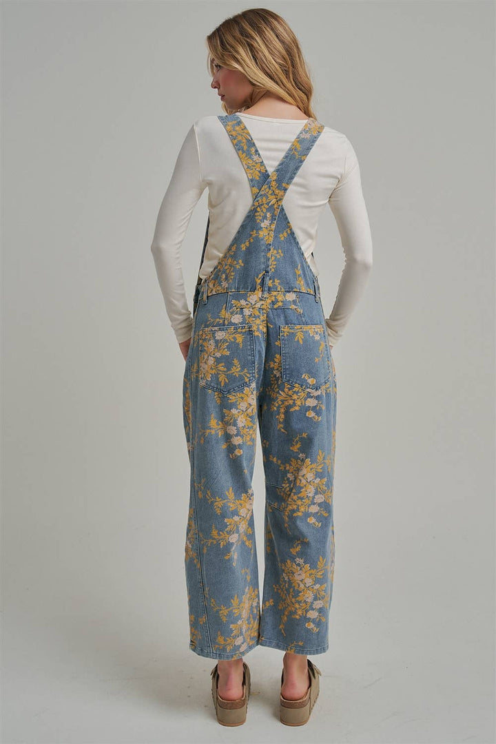 FLORAL PRINT DENIM OVERALL JUMPSUIT