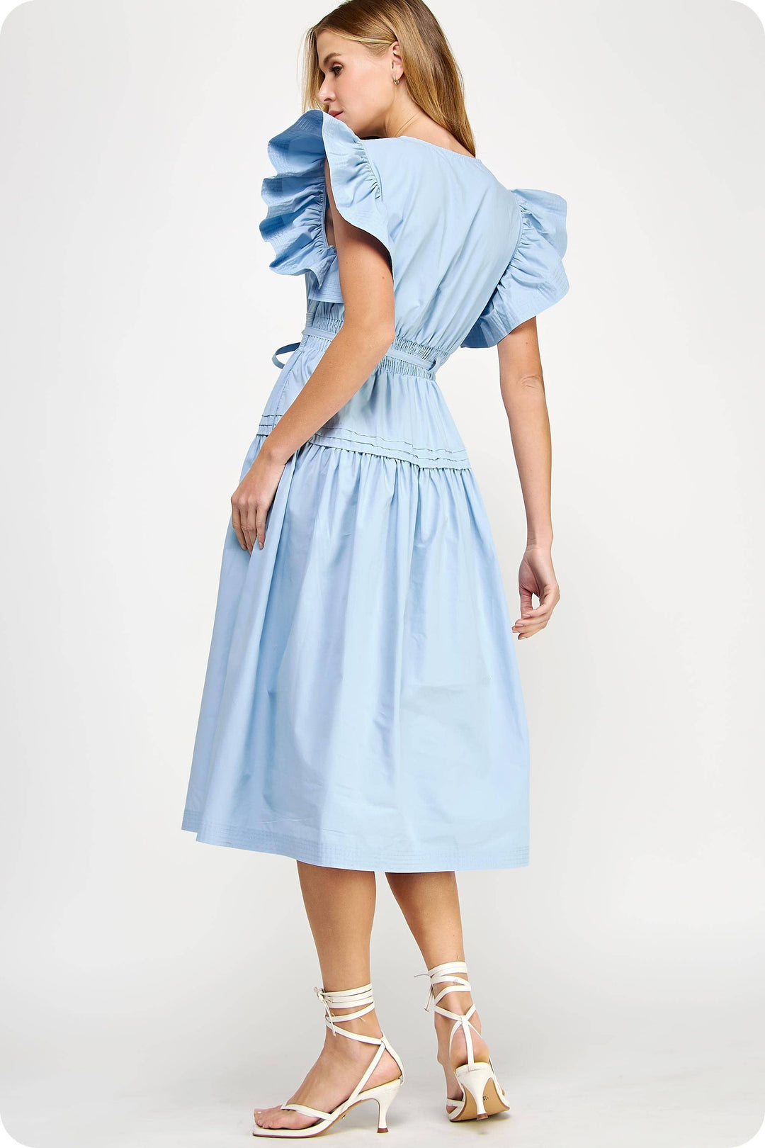 Chambray Flutter Sleeve Poplin Midi Dress