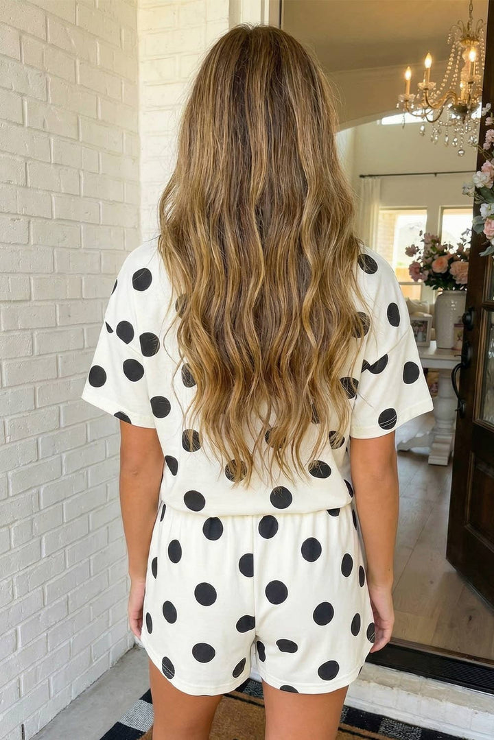 Polka Dot Print Loose Tee Drawstring Short Set