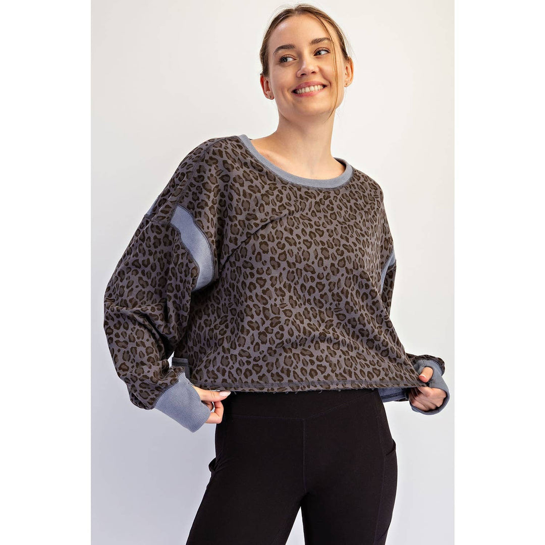 ANIMAL PRINT TERRY OPEN BACK LONG SLEEVE TOP