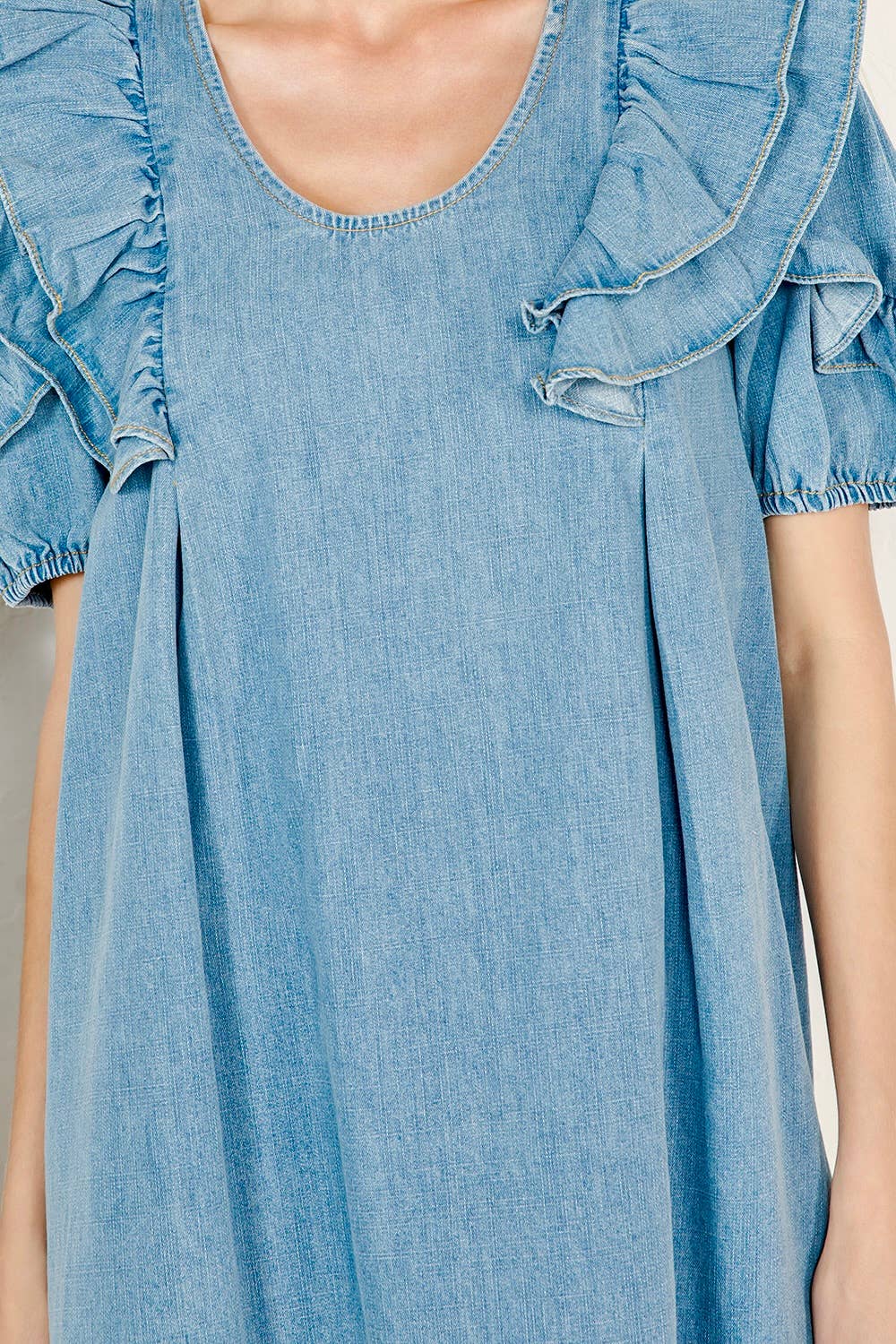 Ruffle Shoulder Denim Mini Dress with Puff Sleeves