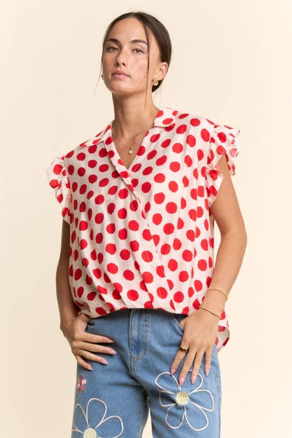 POLKA DOT PRINT SHORT RUFFLE SLEEVE V NECK BLOUSE
