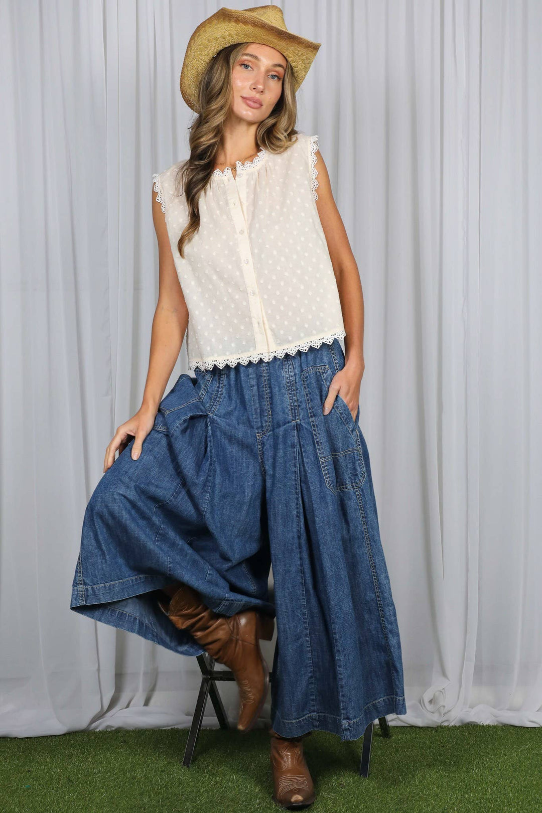 Pin-Tuck 100%Tencel Chambray Cropped Washed Pants VP83278