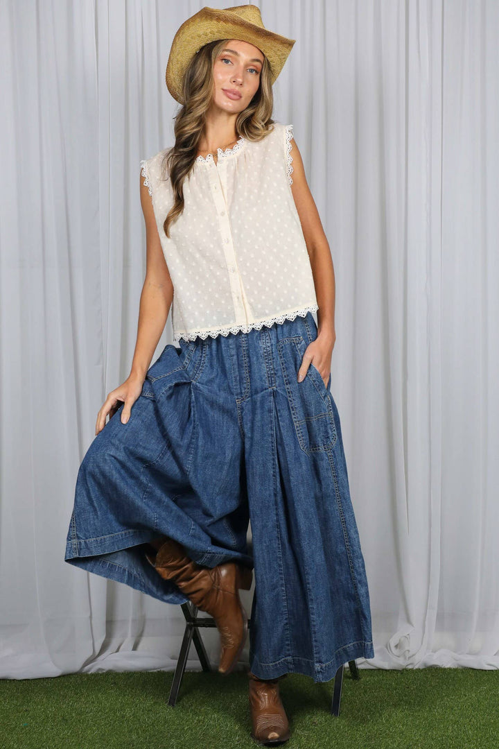 Pin-Tuck 100%Tencel Chambray Cropped Washed Pants VP83278