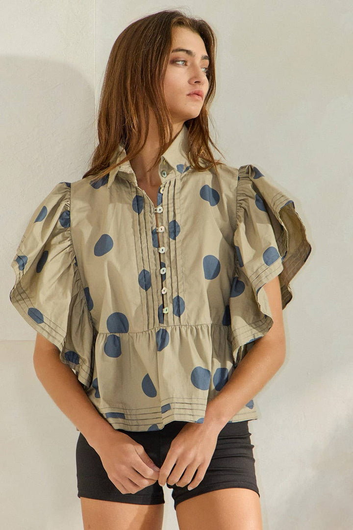 Ruffle Sleeves Pintuck Detail Polka Dot Print top up