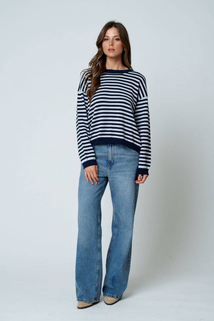 STRIPE RELAXED BACK BUTTON DETAIL KNIT SWEATER