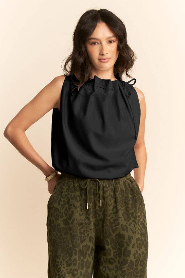 WHITE SOLID SLEEVELESS COWL NECK TIE DETAIL TOP
