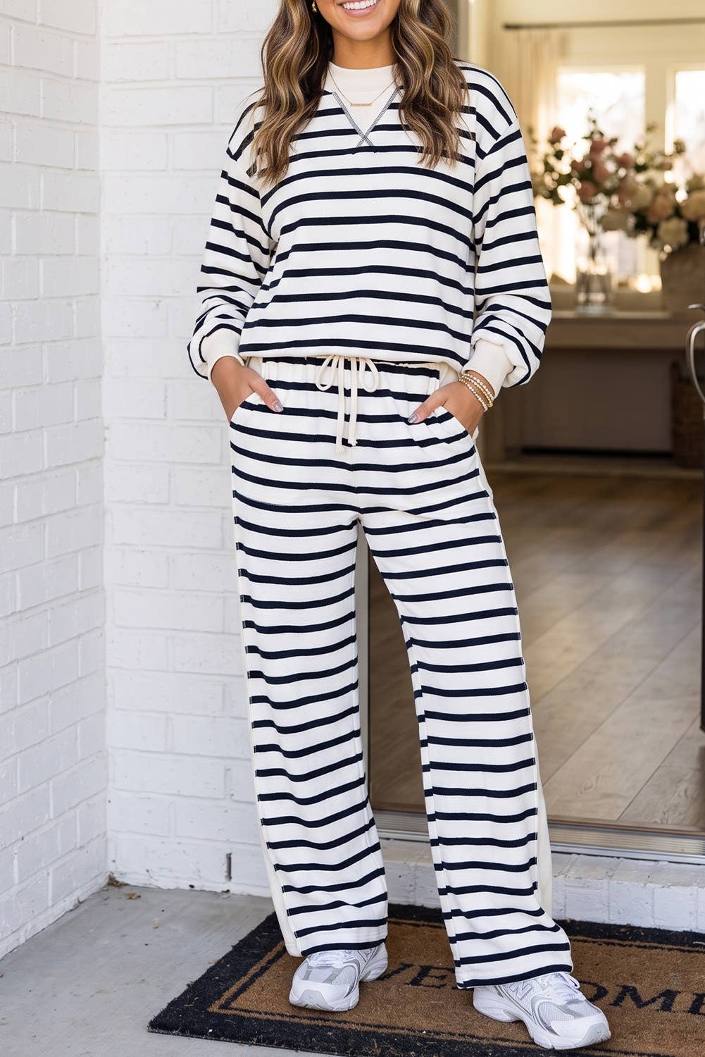 Striped Ribbed Cuff Mock Neck Pocket Pants Set