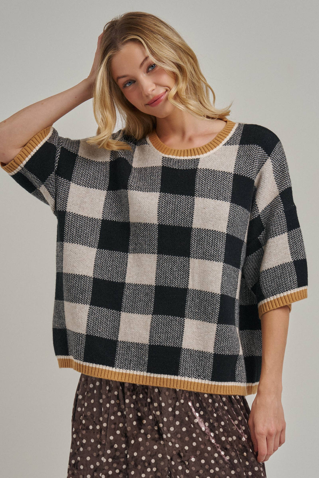 FALL CHECKERED GINGHAM DROP SHOULDER SWEATER TOP