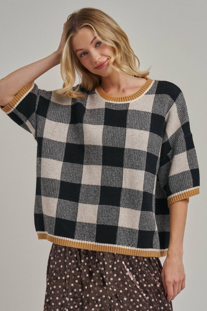 FALL CHECKERED GINGHAM DROP SHOULDER SWEATER TOP
