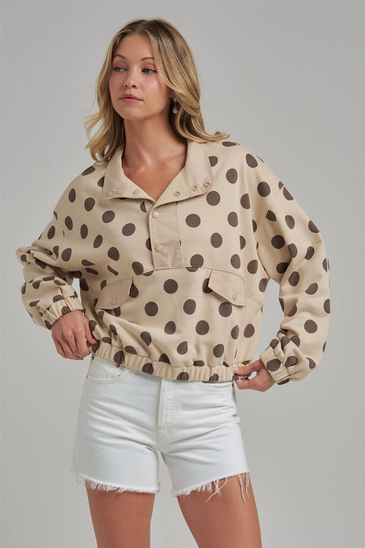 POLKA DOT HALF PLACKET PULLOVER TOP