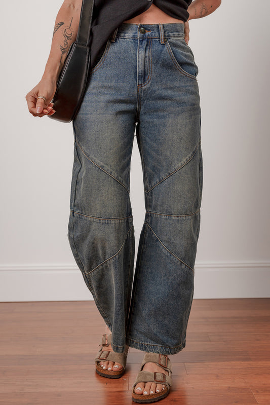 Blue Exposed Stitching Loose Straight High Waist Jeans