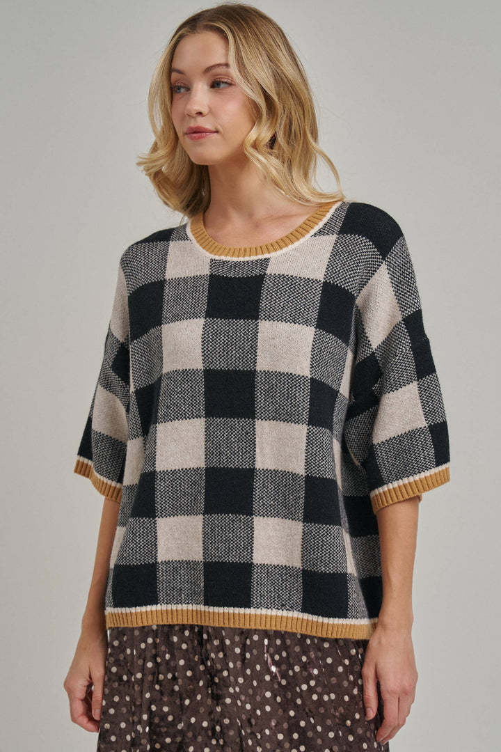 FALL CHECKERED GINGHAM DROP SHOULDER SWEATER TOP