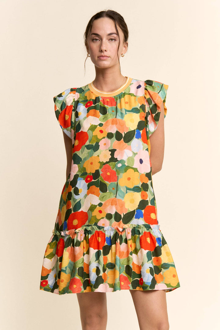 RUFFLE SLEEVE FLORAL DRESS