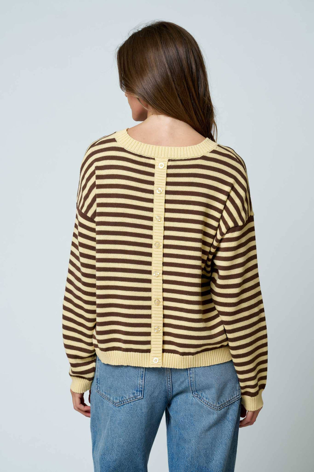STRIPE RELAXED BACK BUTTON DETAIL KNIT SWEATER