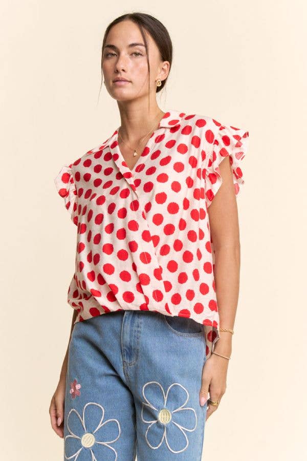 POLKA DOT PRINT SHORT RUFFLE SLEEVE V NECK BLOUSE