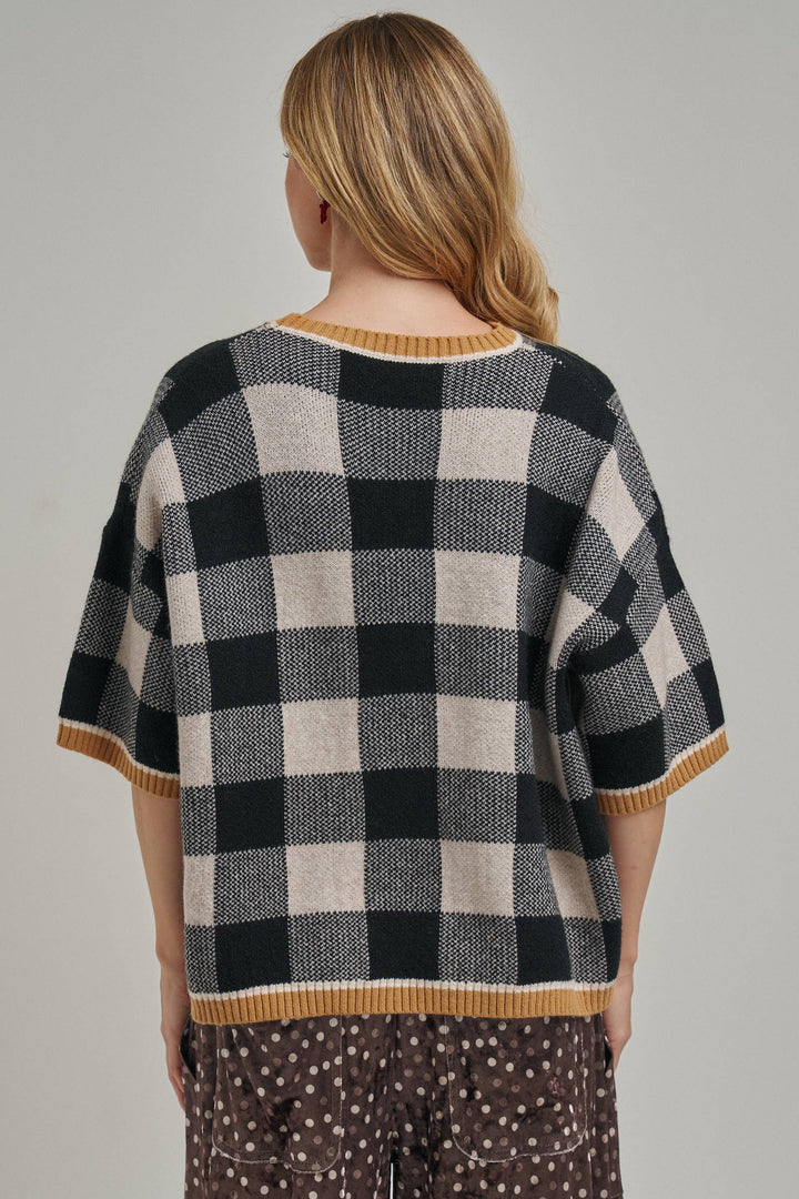 FALL CHECKERED GINGHAM DROP SHOULDER SWEATER TOP