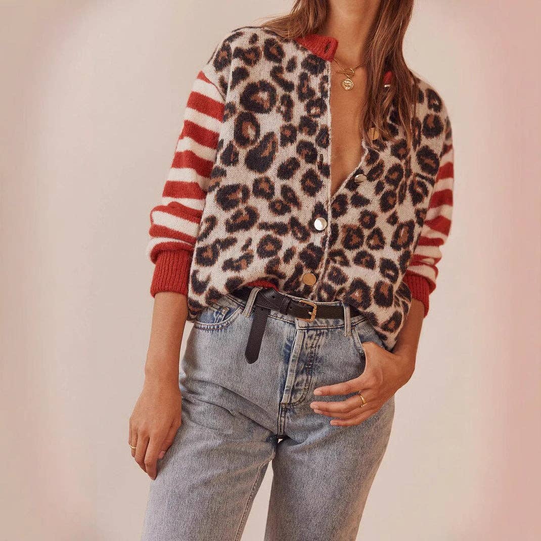 Red stripe Leopard Print Cardigan