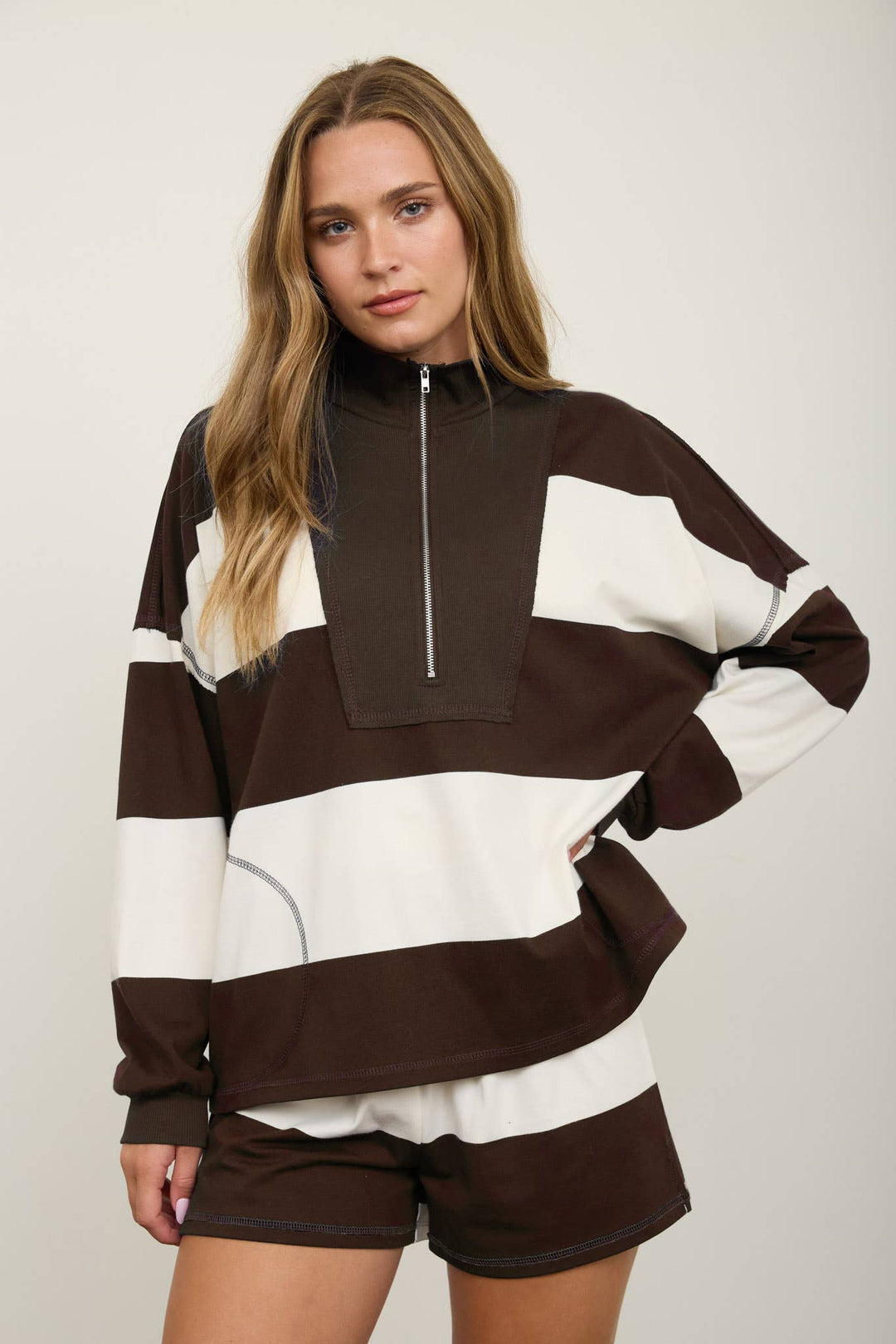 WIDE STRIPE HALF ZIP LONG SLEEVE KNIT SET